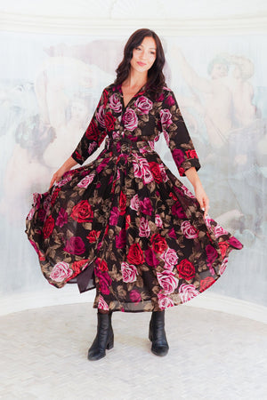 Audrey Dress #4 Shirt Collar 3/4 Sleeve Midi Length Wool (Charlotte Rose Big Dark) - Sepia Raspberry