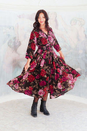 Audrey Dress #4 Shirt Collar 3/4 Sleeve Midi Length Wool (Charlotte Rose Big Dark) - Sepia Raspberry