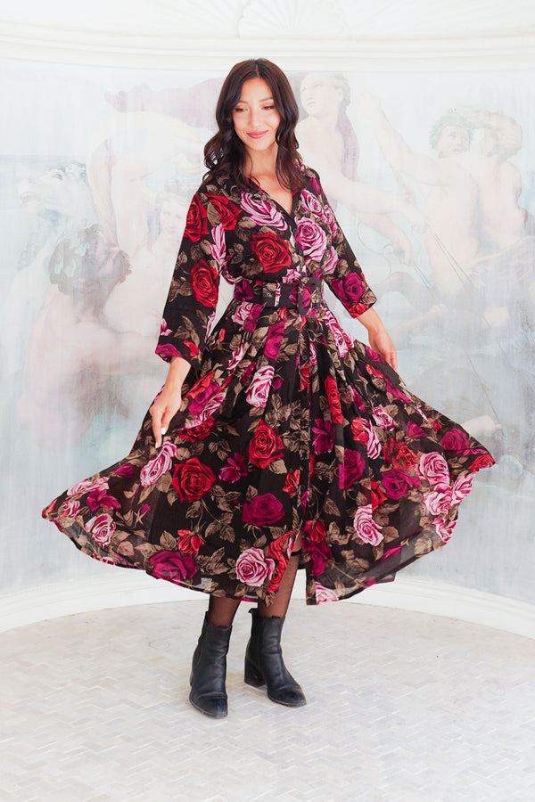 Audrey Dress #4 Shirt Collar 3/4 Sleeve Midi Length Wool (Charlotte Rose Big Dark) - Sepia Raspberry