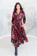 Audrey Dress #4 Shirt Collar 3/4 Sleeve Midi Length Wool (Charlotte Rose Big Dark) - Sepia Raspberry