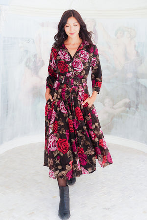 Audrey Dress #4 Shirt Collar 3/4 Sleeve Midi Length Wool (Charlotte Rose Big Dark) - Sepia Raspberry