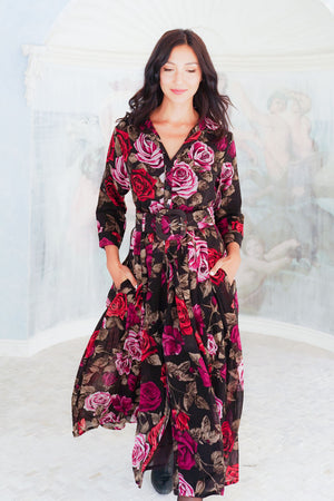 Audrey Dress #4 Shirt Collar 3/4 Sleeve Midi Length Wool (Charlotte Rose Big Dark) - Sepia Raspberry