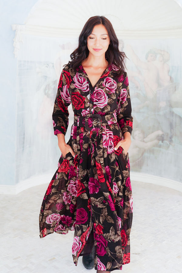 Audrey Dress #4 Shirt Collar 3/4 Sleeve Midi Length Wool (Charlotte Rose Big Dark) - Sepia Raspberry