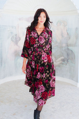 Audrey Dress #4 Shirt Collar 3/4 Sleeve Midi Length Wool (Charlotte Rose Big Dark) - Sepia Raspberry