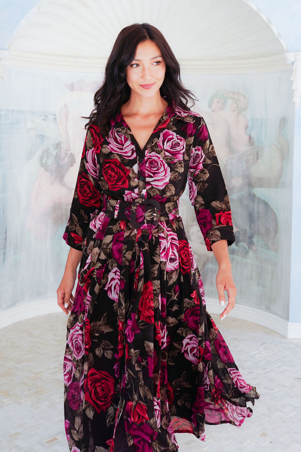 Audrey Dress #4 Shirt Collar 3/4 Sleeve Midi Length Wool (Charlotte Rose Big Dark) - Sepia Raspberry