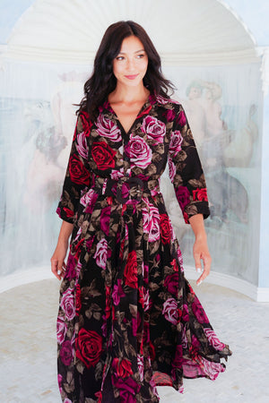 Audrey Dress #4 Shirt Collar 3/4 Sleeve Midi Length Wool (Charlotte Rose Big Dark) - Sepia Raspberry