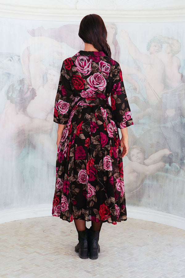 Audrey Dress #4 Shirt Collar 3/4 Sleeve Midi Length Wool (Charlotte Rose Big Dark) - Sepia Raspberry