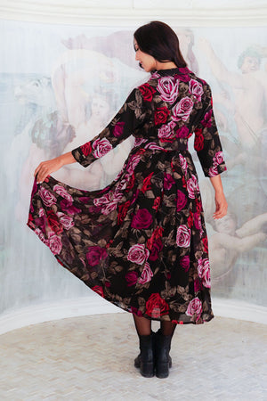 Audrey Dress #4 Shirt Collar 3/4 Sleeve Midi Length Wool (Charlotte Rose Big Dark) - Sepia Raspberry