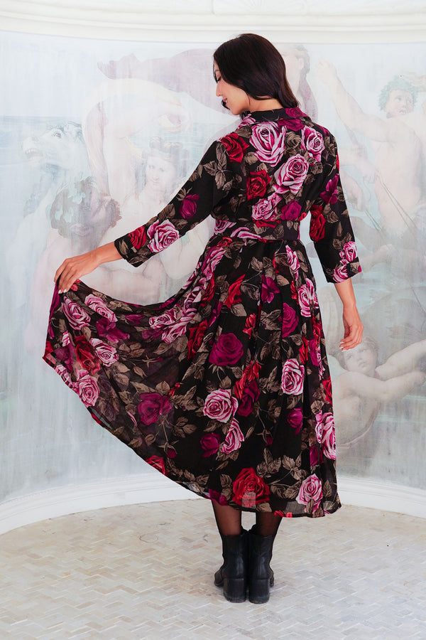 Audrey Dress #4 Shirt Collar 3/4 Sleeve Midi Length Wool (Charlotte Rose Big Dark) - Sepia Raspberry