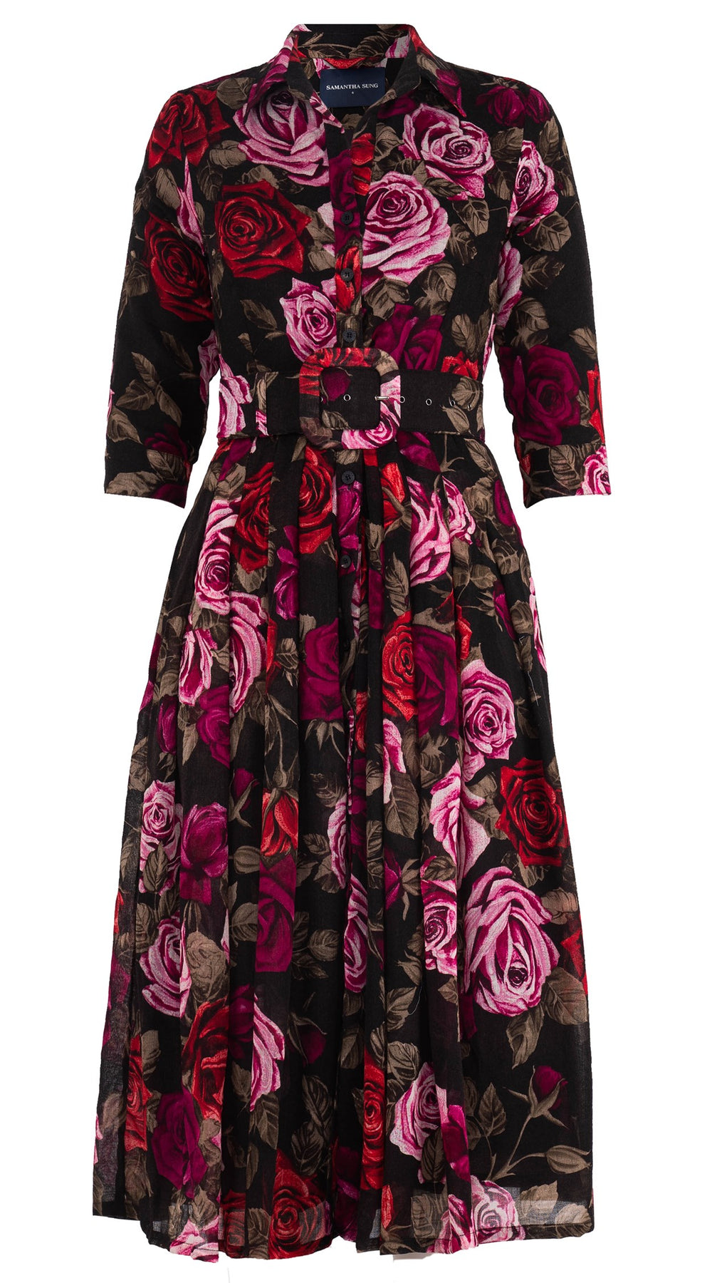 Audrey Dress #4 Shirt Collar 3/4 Sleeve Midi Length Wool Musola (Charlotte Rose Big Dark) - Sepia Raspberry
