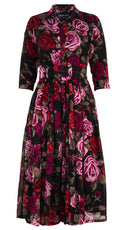 Audrey Dress #4 Shirt Collar 3/4 Sleeve Midi Length Wool Musola (Charlotte Rose Big Dark) - Sepia Raspberry