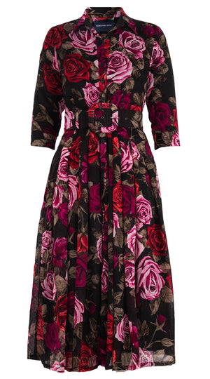 Audrey Dress #4 Shirt Collar 3/4 Sleeve Midi Length Wool Musola (Charlotte Rose Big Dark) - Sepia Raspberry