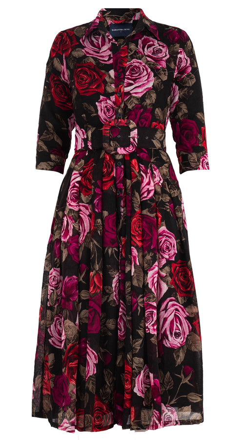Audrey Dress #4 Shirt Collar 3/4 Sleeve Midi Length Wool Musola (Charlotte Rose Big Dark) - Sepia Raspberry