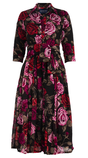 Audrey Dress #4 Shirt Collar 3/4 Sleeve Midi Length Wool Musola (Charlotte Rose Big Dark) - Sepia Raspberry