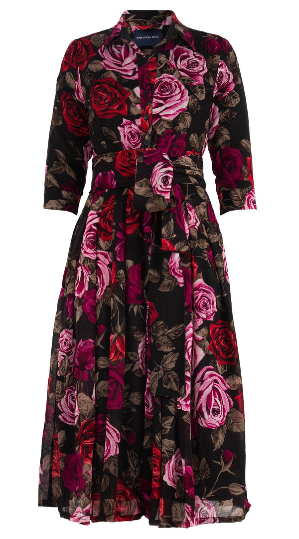 Audrey Dress #4 Shirt Collar 3/4 Sleeve Midi Length Wool Musola (Charlotte Rose Big Dark) - Sepia Raspberry