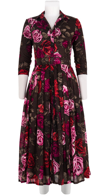 Audrey Dress #4 Shirt Collar 3/4 Sleeve Midi Length Wool Musola (Charlotte Rose Big Dark)