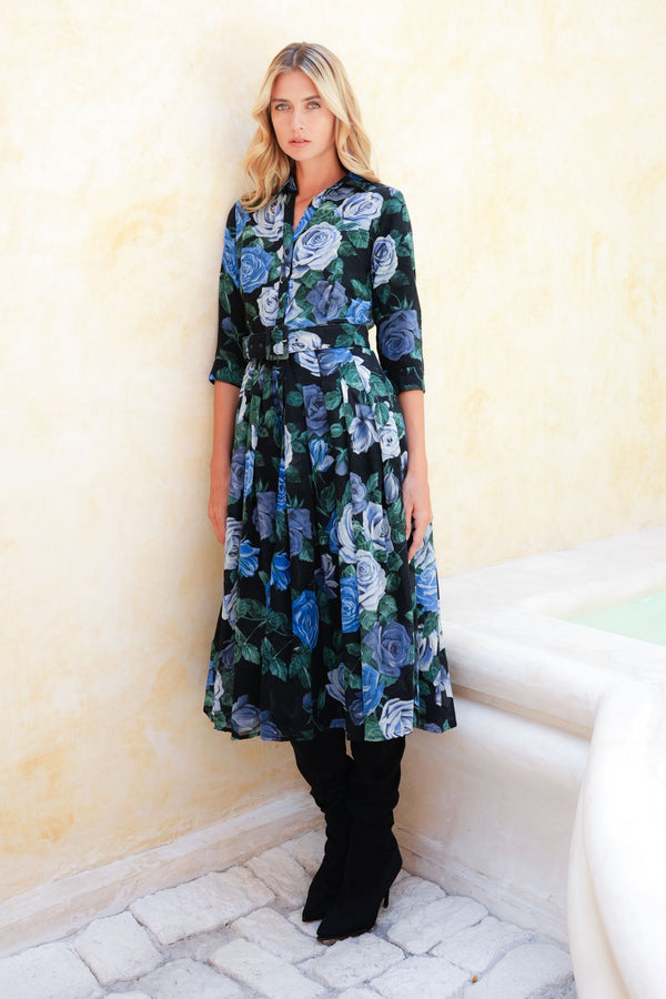 Audrey Dress #4 Shirt Collar 3/4 Sleeve Midi Length Wool (Charlotte Rose Big Dark) - Black Blue