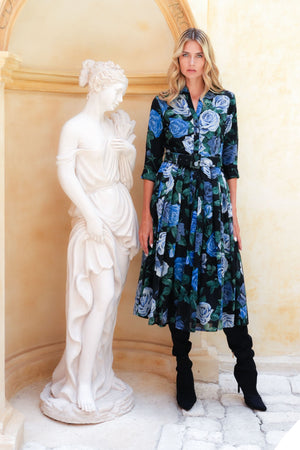 Audrey Dress #4 Shirt Collar 3/4 Sleeve Midi Length Wool (Charlotte Rose Big Dark) - Black Blue