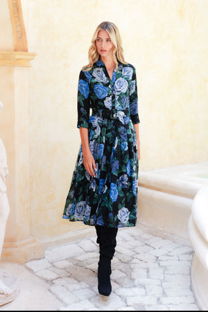 Audrey Dress #4 Shirt Collar 3/4 Sleeve Midi Length Wool (Charlotte Rose Big Dark) - Black Blue