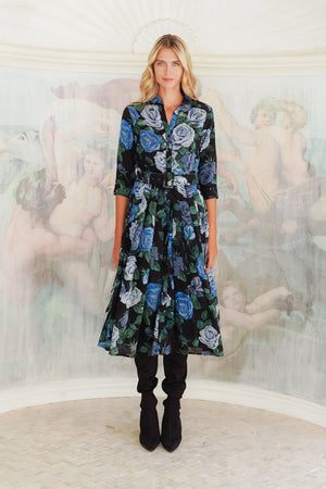 Audrey Dress #4 Shirt Collar 3/4 Sleeve Midi Length Wool (Charlotte Rose Big Dark) - Black Blue