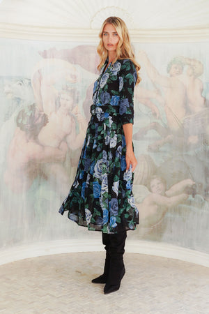 Audrey Dress #4 Shirt Collar 3/4 Sleeve Midi Length Wool (Charlotte Rose Big Dark) - Black Blue