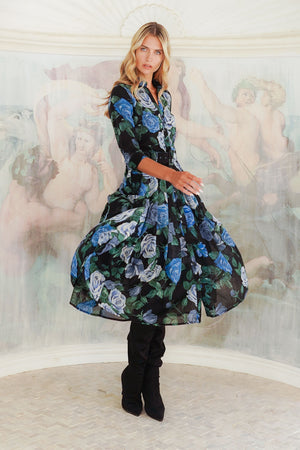 Audrey Dress #4 Shirt Collar 3/4 Sleeve Midi Length Wool (Charlotte Rose Big Dark) - Black Blue