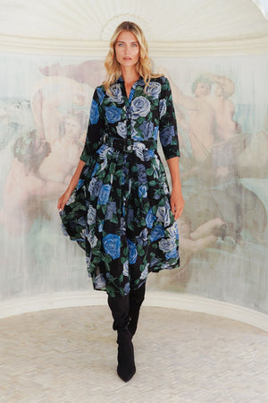 Audrey Dress #4 Shirt Collar 3/4 Sleeve Midi Length Wool (Charlotte Rose Big Dark) - Black Blue