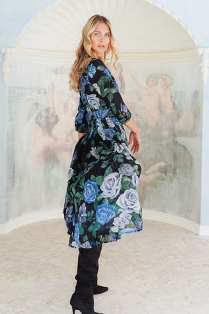 Audrey Dress #4 Shirt Collar 3/4 Sleeve Midi Length Wool (Charlotte Rose Big Dark) - Black Blue