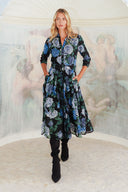 Audrey Dress #4 Shirt Collar 3/4 Sleeve Midi Length Wool (Charlotte Rose Big Dark) - Black Blue