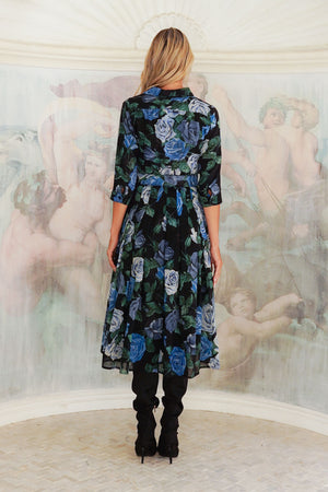 Audrey Dress #4 Shirt Collar 3/4 Sleeve Midi Length Wool (Charlotte Rose Big Dark) - Black Blue