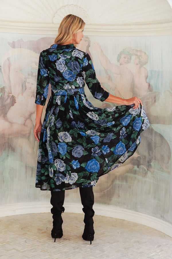 Audrey Dress #4 Shirt Collar 3/4 Sleeve Midi Length Wool (Charlotte Rose Big Dark) - Black Blue