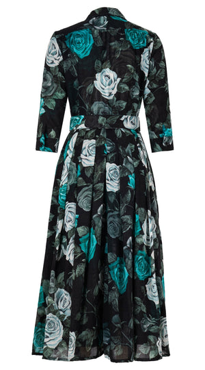 Audrey Dress #4 Shirt Collar 3/4 Sleeve Midi Length Wool Musola (Charlotte Rose Big Dark) - Black Jade