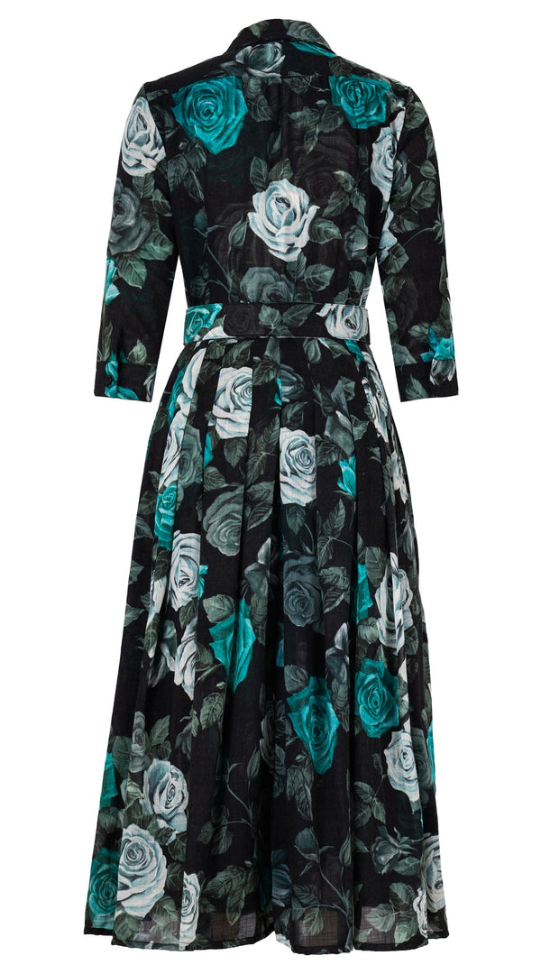 Audrey Dress #4 Shirt Collar 3/4 Sleeve Midi Length Wool Musola (Charlotte Rose Big Dark) - Black Jade