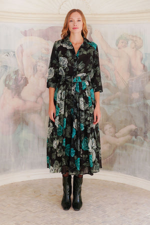 Audrey Dress #4 Shirt Collar 3/4 Sleeve Midi Length Wool (Charlotte Rose Big Dark) - Black Jade