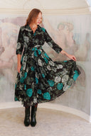 Audrey Dress #4 Shirt Collar 3/4 Sleeve Midi Length Wool (Charlotte Rose Big Dark) - Black Jade