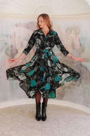 Audrey Dress #4 Shirt Collar 3/4 Sleeve Midi Length Wool (Charlotte Rose Big Dark) - Black Jade