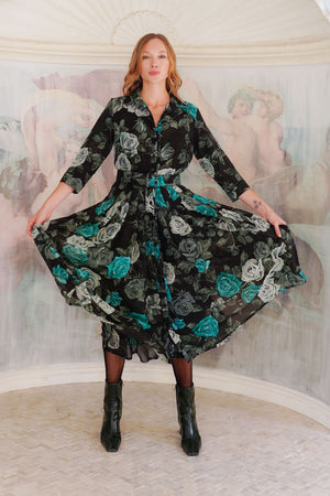 Audrey Dress #4 Shirt Collar 3/4 Sleeve Midi Length Wool (Charlotte Rose Big Dark) - Black Jade