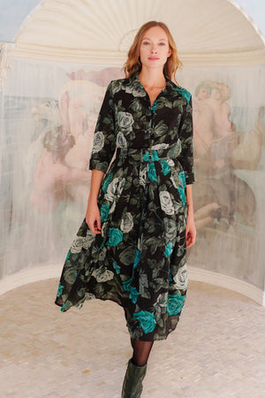 Audrey Dress #4 Shirt Collar 3/4 Sleeve Midi Length Wool (Charlotte Rose Big Dark) - Black Jade