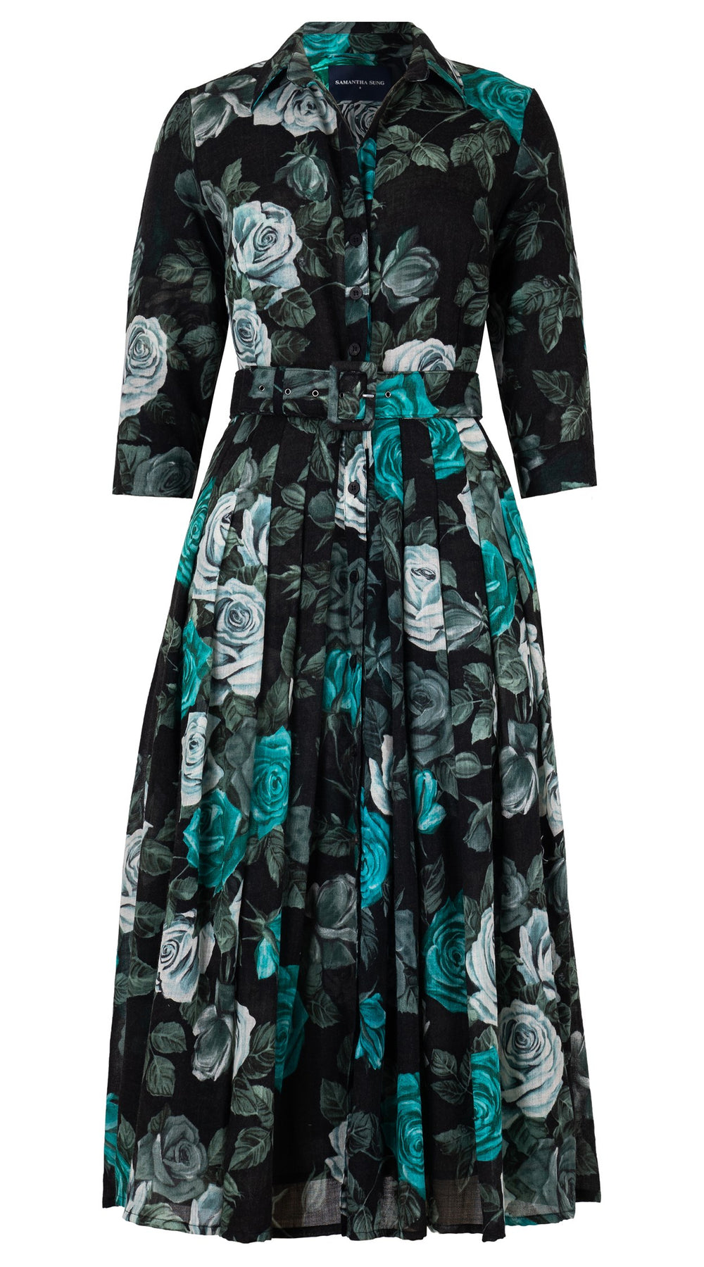 Audrey Dress #4 Shirt Collar 3/4 Sleeve Midi Length Wool Musola (Charlotte Rose Big Dark) - Black Jade