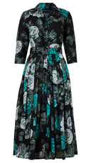 Audrey Dress #4 Shirt Collar 3/4 Sleeve Midi Length Wool Musola (Charlotte Rose Big Dark) - Black Jade