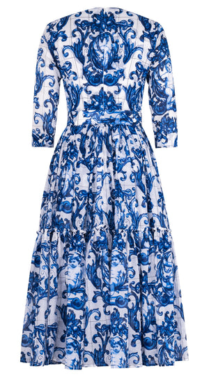 Melanie Dress V Neck 3/4 Sleeve Midi Plus Length Cotton Musola (Cherub Tile)