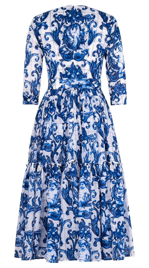 Melanie Dress V Neck 3/4 Sleeve Midi Plus Length Cotton Musola (Cherub Tile)