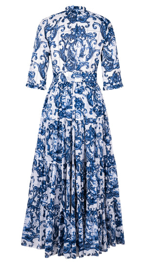 Eva Dress Crew Neck 3/4 Sleeve Maxi Length Cotton Musola (Cherub Tile)