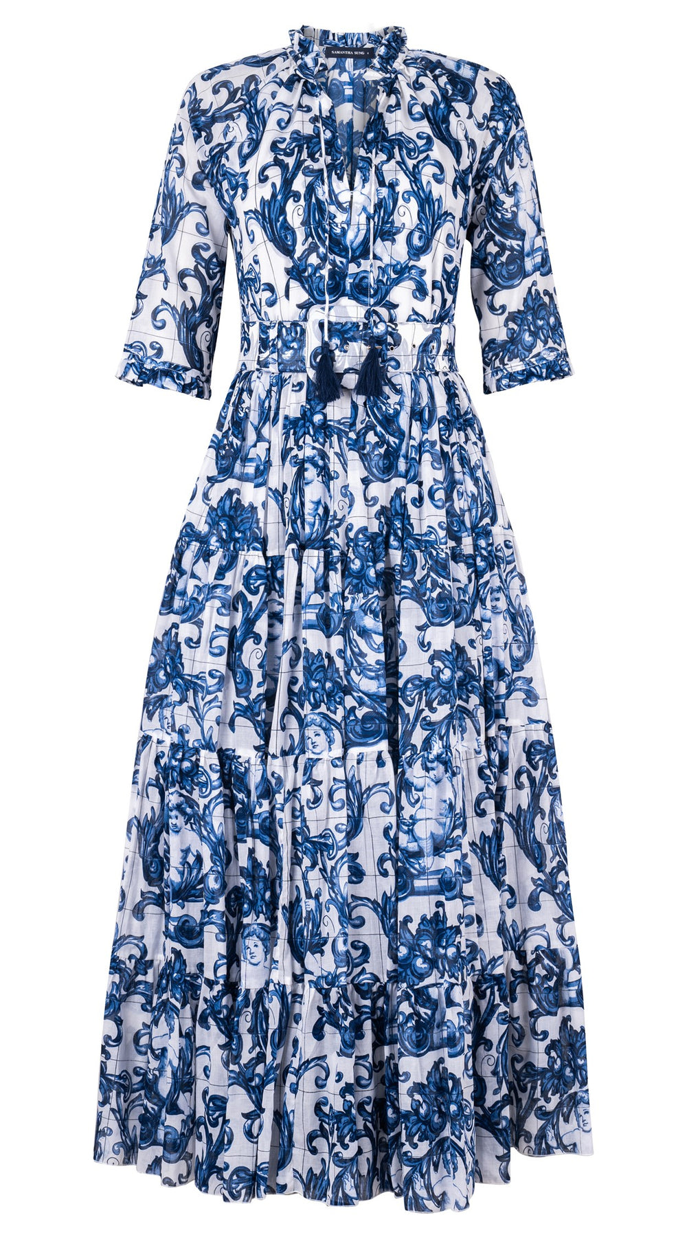 Eva Dress Crew Neck 3/4 Sleeve Maxi Length Cotton Musola (Cherub Tile)