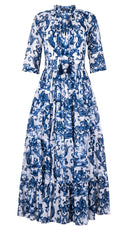 Eva Dress Crew Neck 3/4 Sleeve Maxi Length Cotton Musola (Cherub Tile)