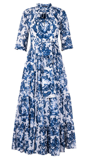 Eva Dress Crew Neck 3/4 Sleeve Maxi Length Cotton Musola (Cherub Tile)