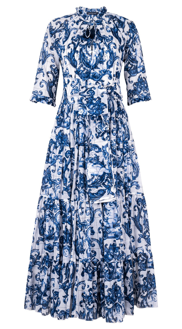 Eva Dress Crew Neck 3/4 Sleeve Maxi Length Cotton Musola (Cherub Tile)