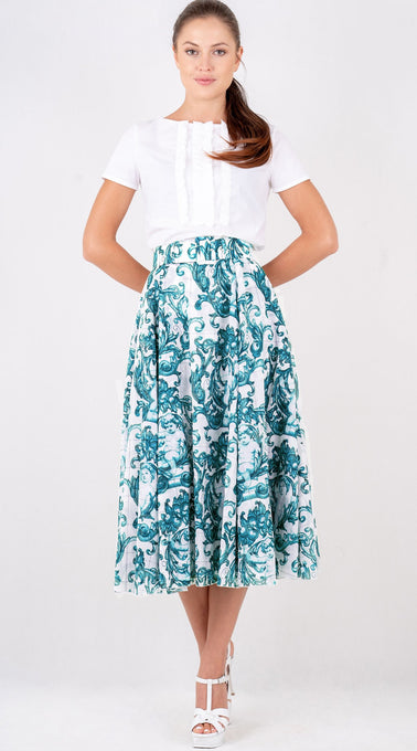 Aster Skirt #1 with Belt Midi Length Cotton Musola (Cherub Tile)