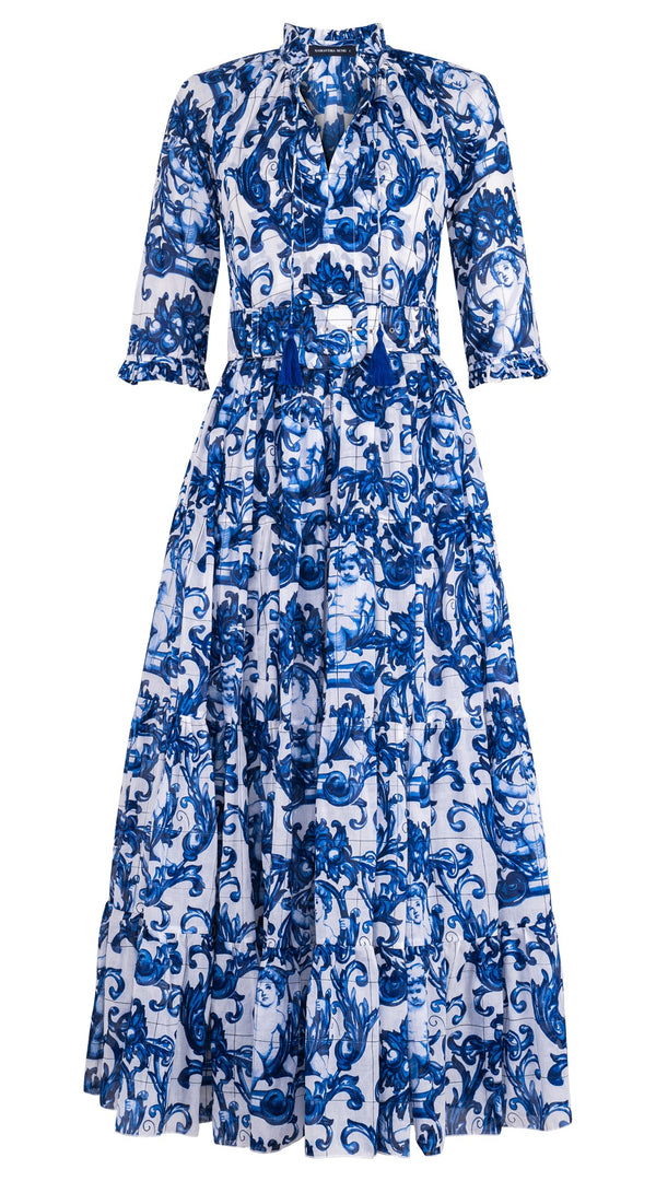 Eva Dress Crew Neck 3/4 Sleeve Maxi Length Cotton Musola (Cherub Tile)
