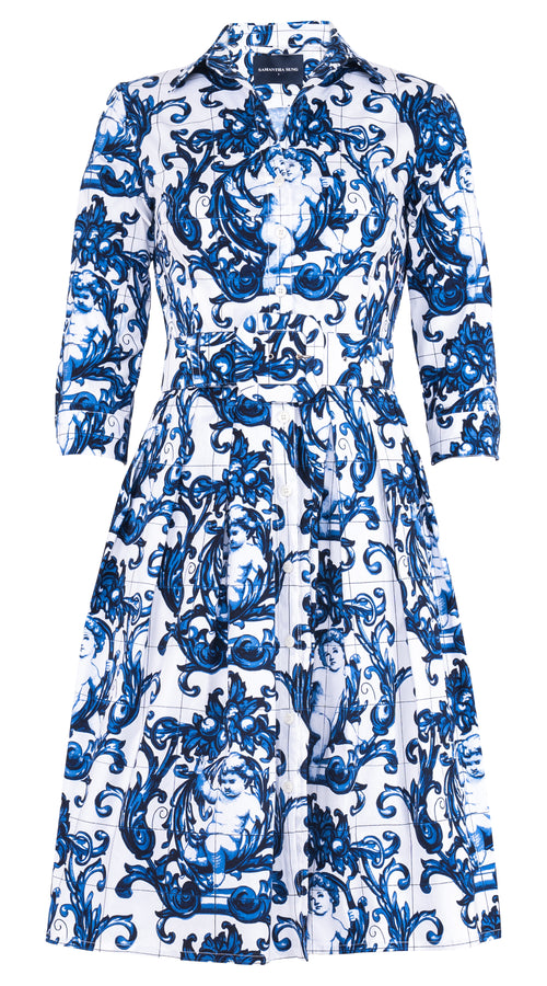 Audrey Dress #1 Shirt Collar 3/4 Sleeve Regular Length Cotton Stretch (Cherub Tile)